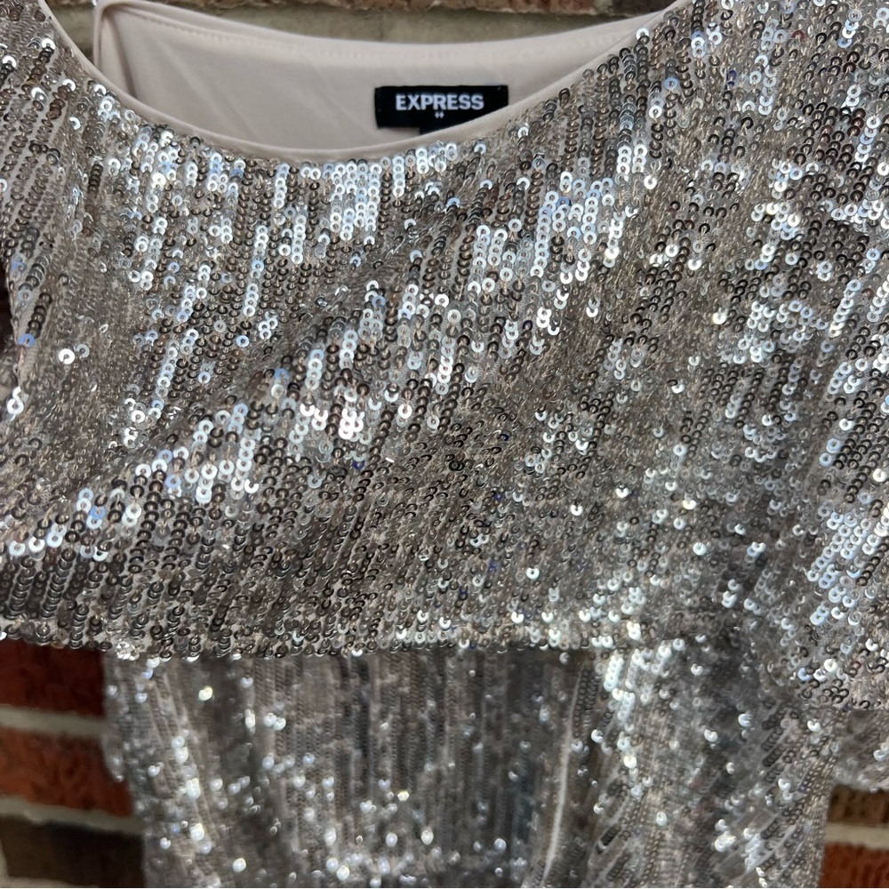 Express Champagne Rose Gold Glittery Sequin Spaghetti Strap Flounce Top - Picture 5 of 6